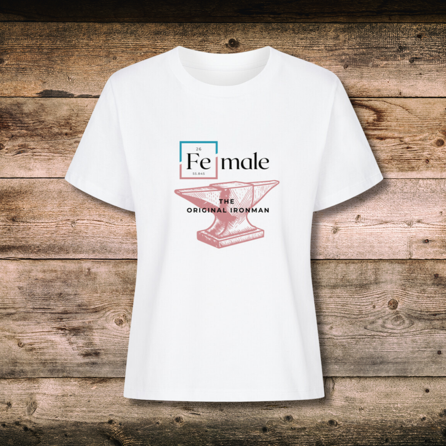 Fitted BIO-Shirt mit Spruch FEMALE in Weiss auf Holz