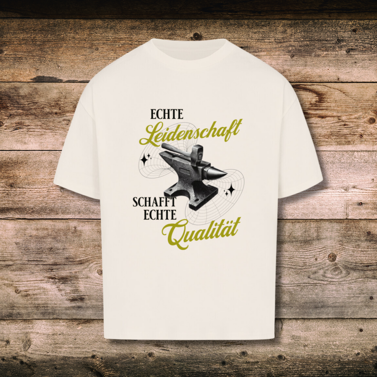 Oversized Herren-Shirt mit Spruch LEIDENSCHAFT in Natural auf Holz