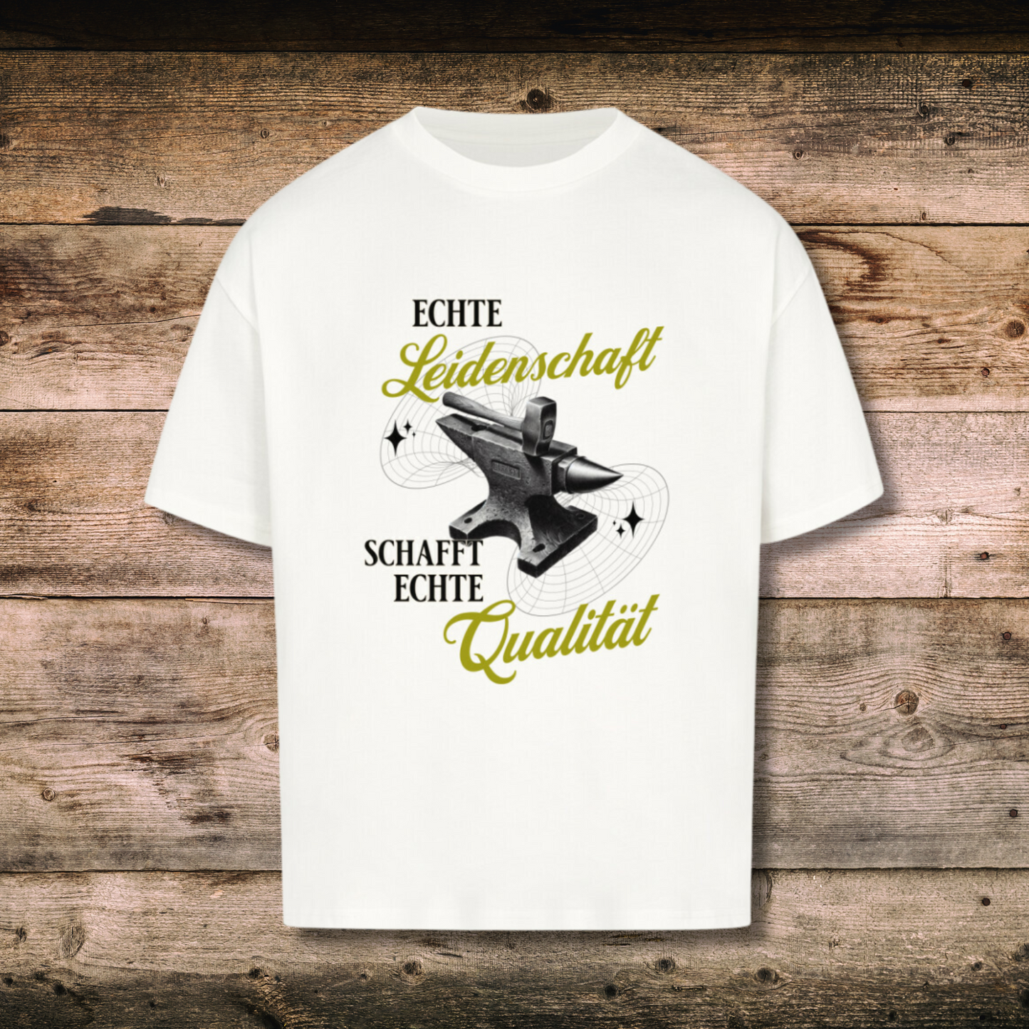 Oversized Herren-Shirt mit Spruch LEIDENSCHAFT in Weiss auf Holz