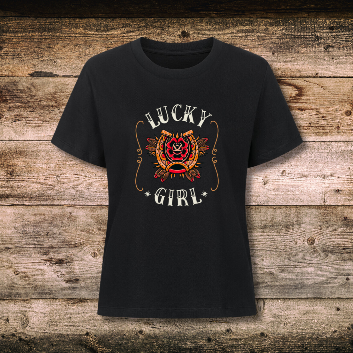 Fitted BIO-Shirt mit Spruch LUCKY GIRL in Schwarz auf Holz
