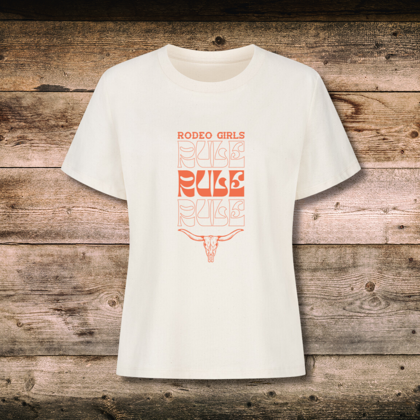 Fitted BIO-Shirt mit Spruch RODEO GIRLS in Natural auf Holz