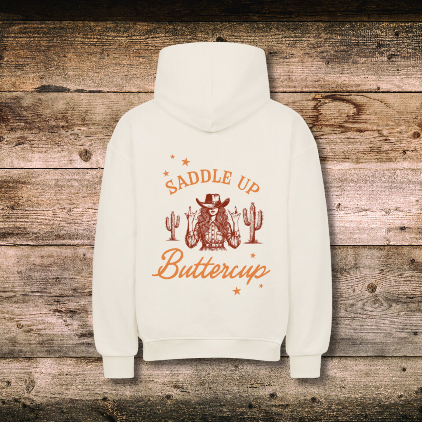 Oversized Damen-Hoodie SADDLE UP BUTTERCUP hinten auf Holz