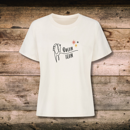 Fitted BIO-Damen-Shirt mit Spruch DREAM TEAM in Natural auf Holz