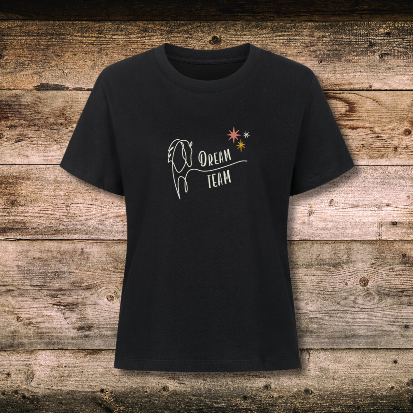Fitted BIO-Damen-Shirt mit Spruch DREAM TEAM in Schwarz auf Holz