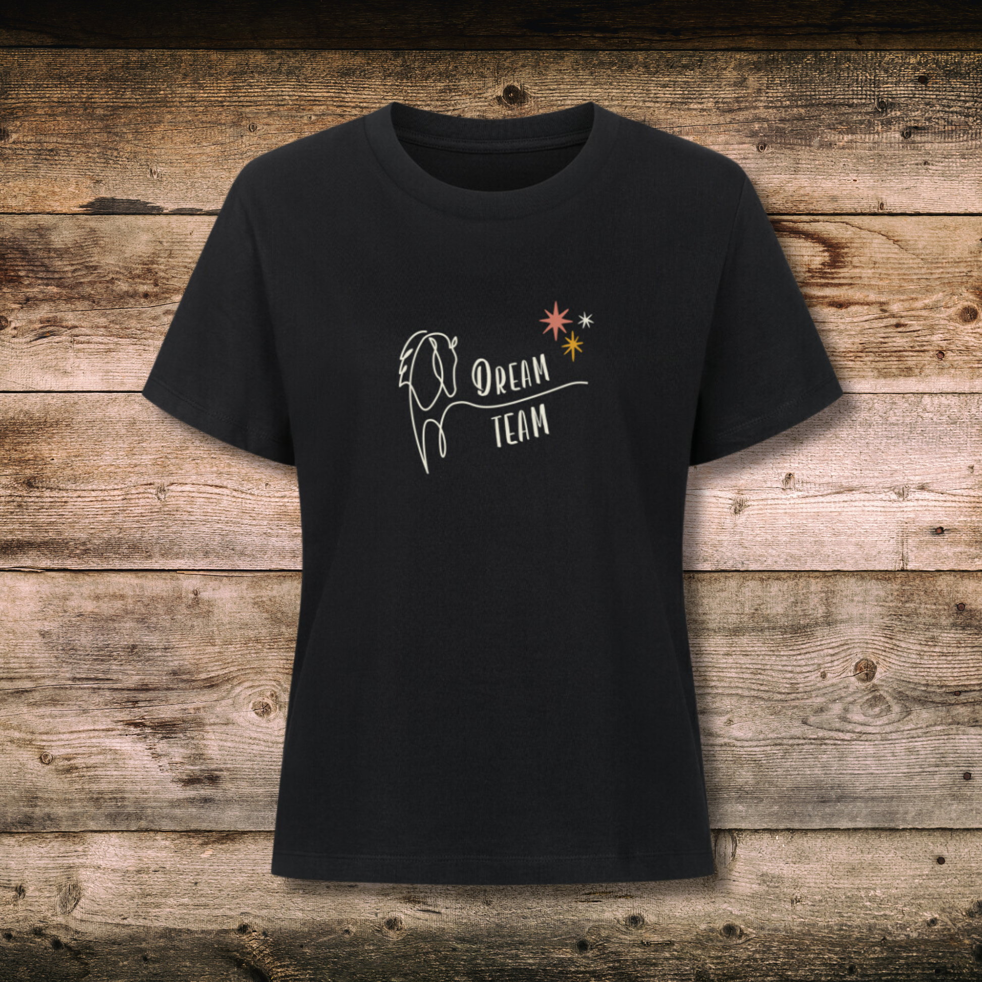 Fitted BIO-Damen-Shirt mit Spruch DREAM TEAM in Schwarz auf Holz