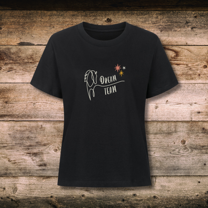 Fitted BIO-Damen-Shirt mit Spruch DREAM TEAM in Schwarz auf Holz