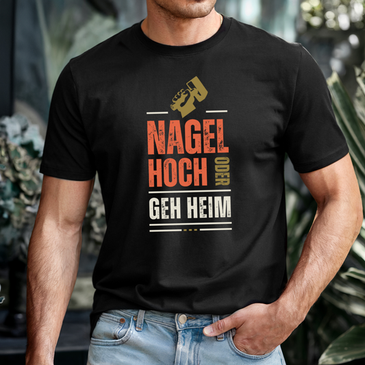 Mockup - Fitted Herren-BIO-Shirt mit Spruch NAGEL HOCH in Schwarz