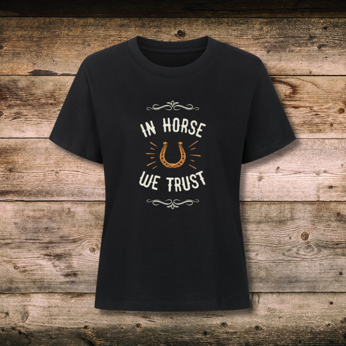 Fitted BIO-Shirt mit Spruch TRUST in Schwarz auf Holz