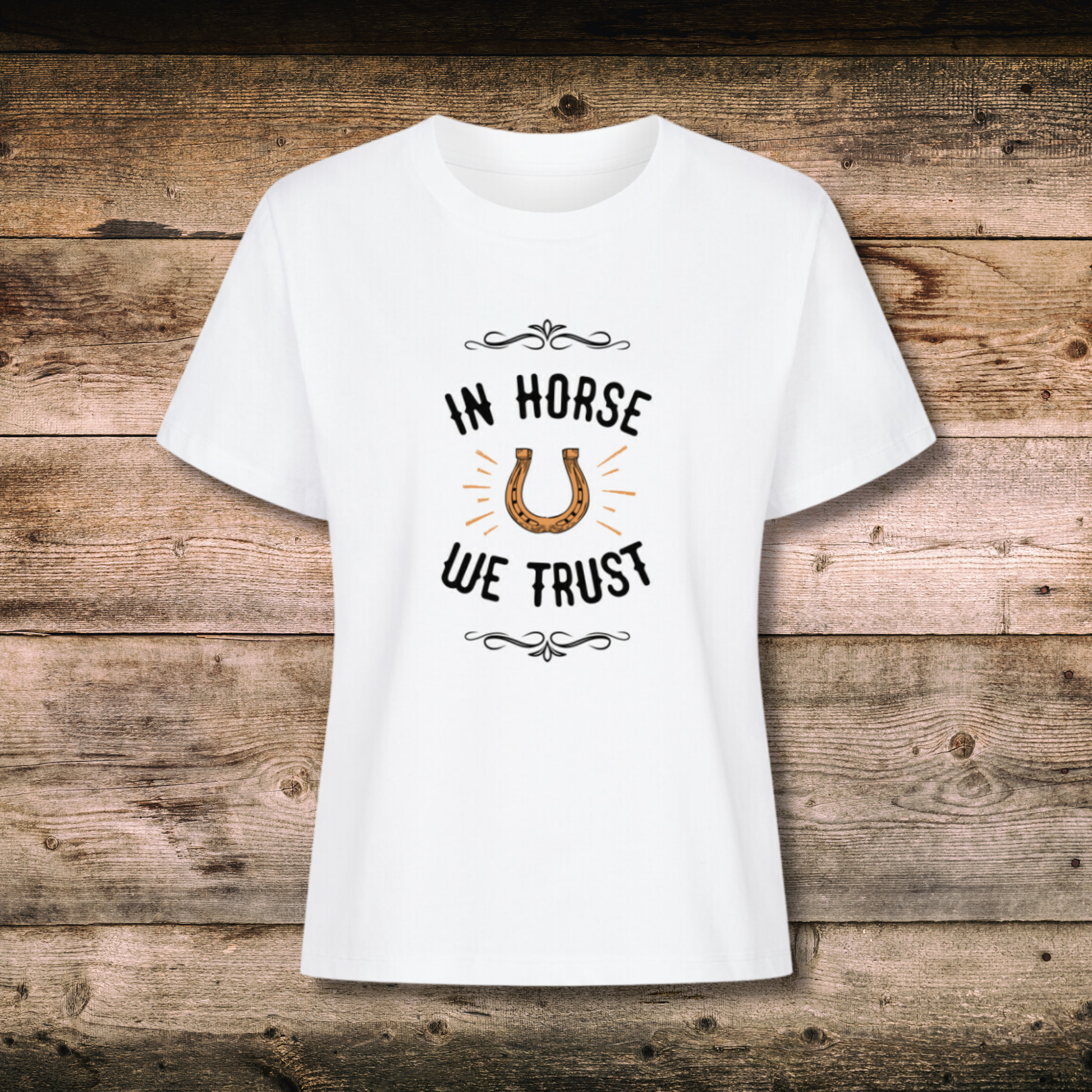 Fitted BIO-Shirt mit Spruch TRUST in Weiss auf Holz