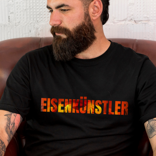 Fitted BIO-Shirt Mockup mit Spruch EISENKÜNSTLER in Schwarz - vorne