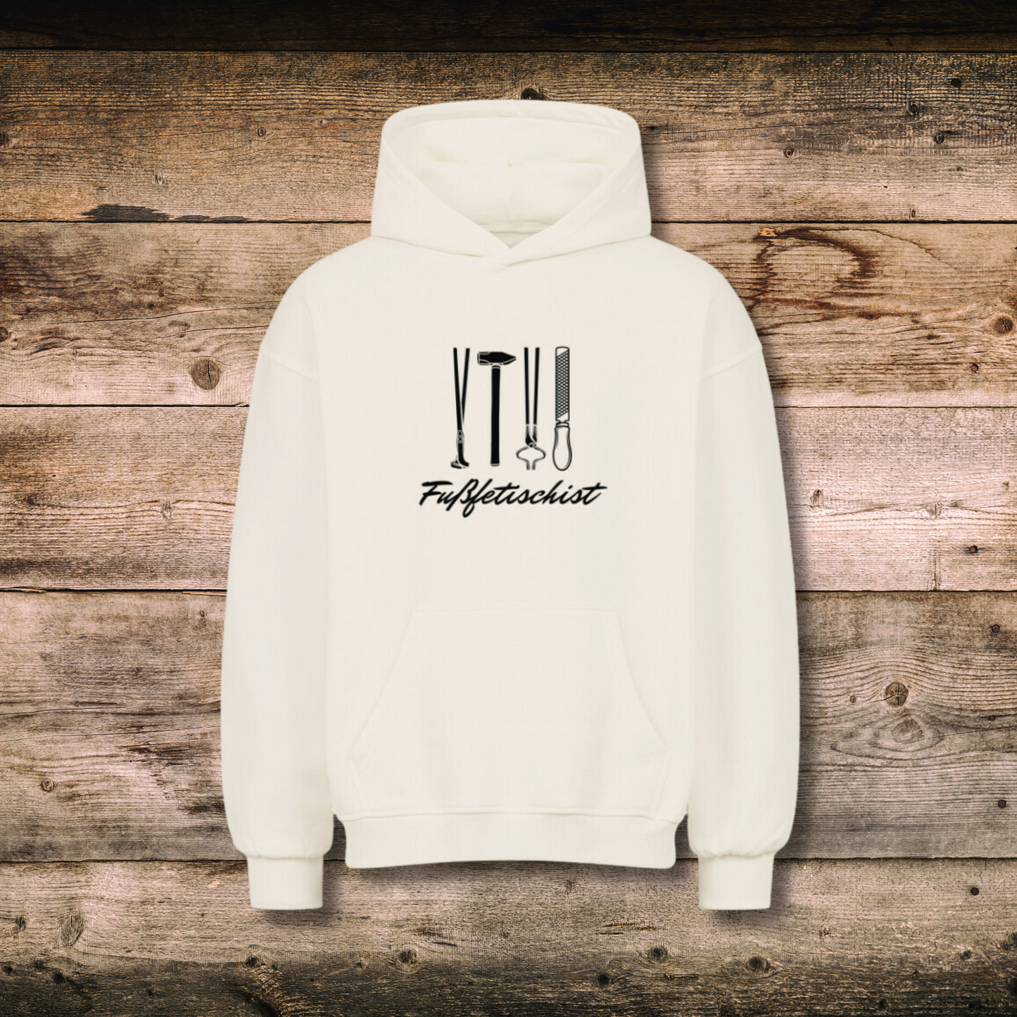 Oversized Herren-Hoodie FUSSFETISCHIST in Natural auf Holz