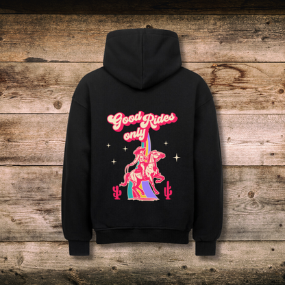 Oversized Damen-Hoodie GOOD RIDES in Schwarz hinten auf Holz