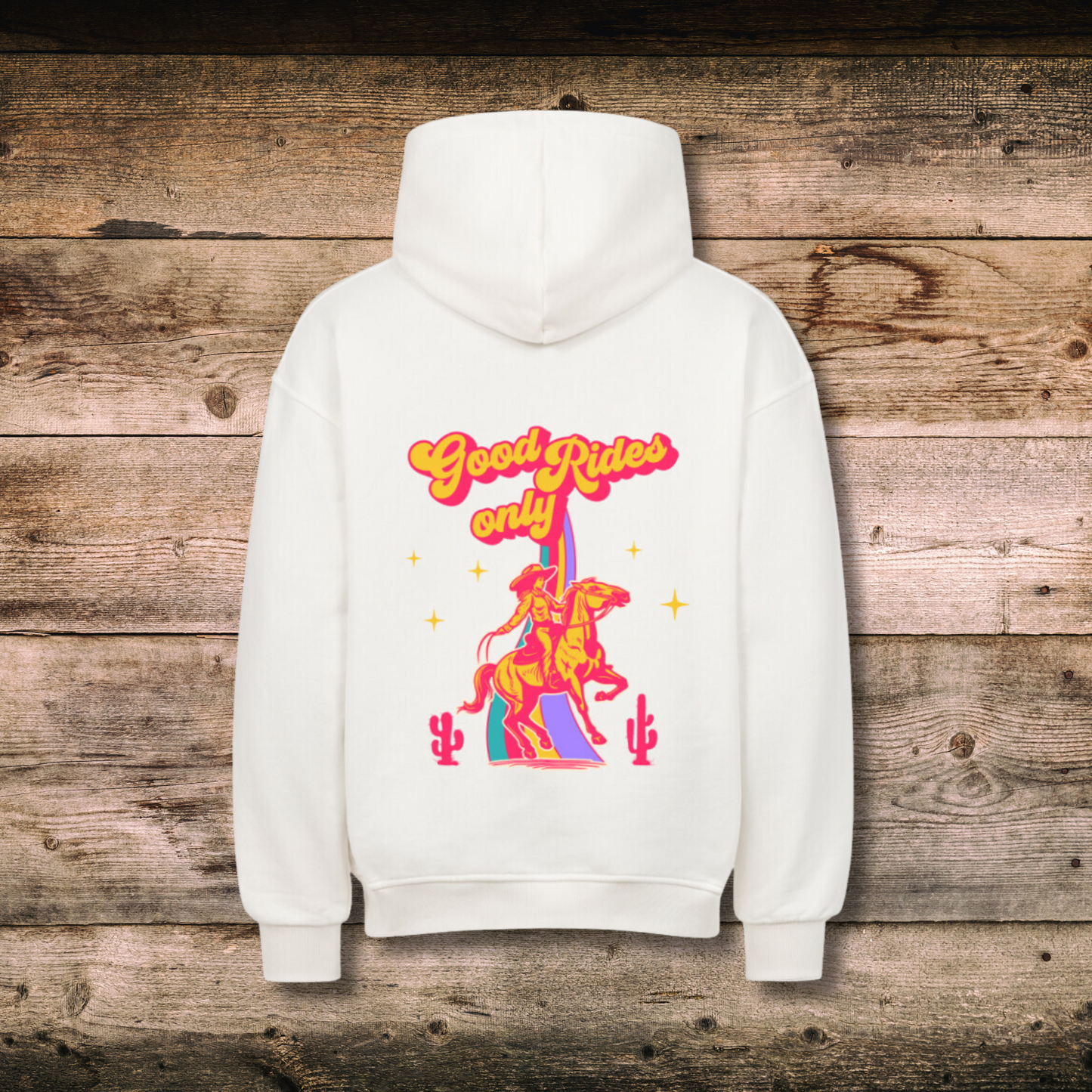 Oversized Damen-Hoodie GOOD RIDES in Weiss hinten auf Holz