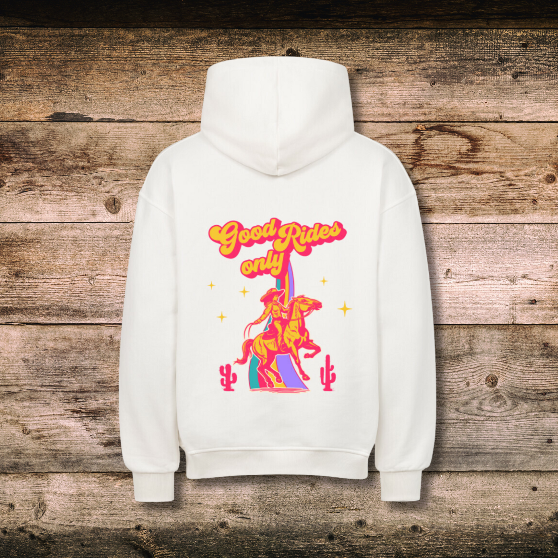 Oversized Damen-Hoodie GOOD RIDES in Weiss hinten auf Holz
