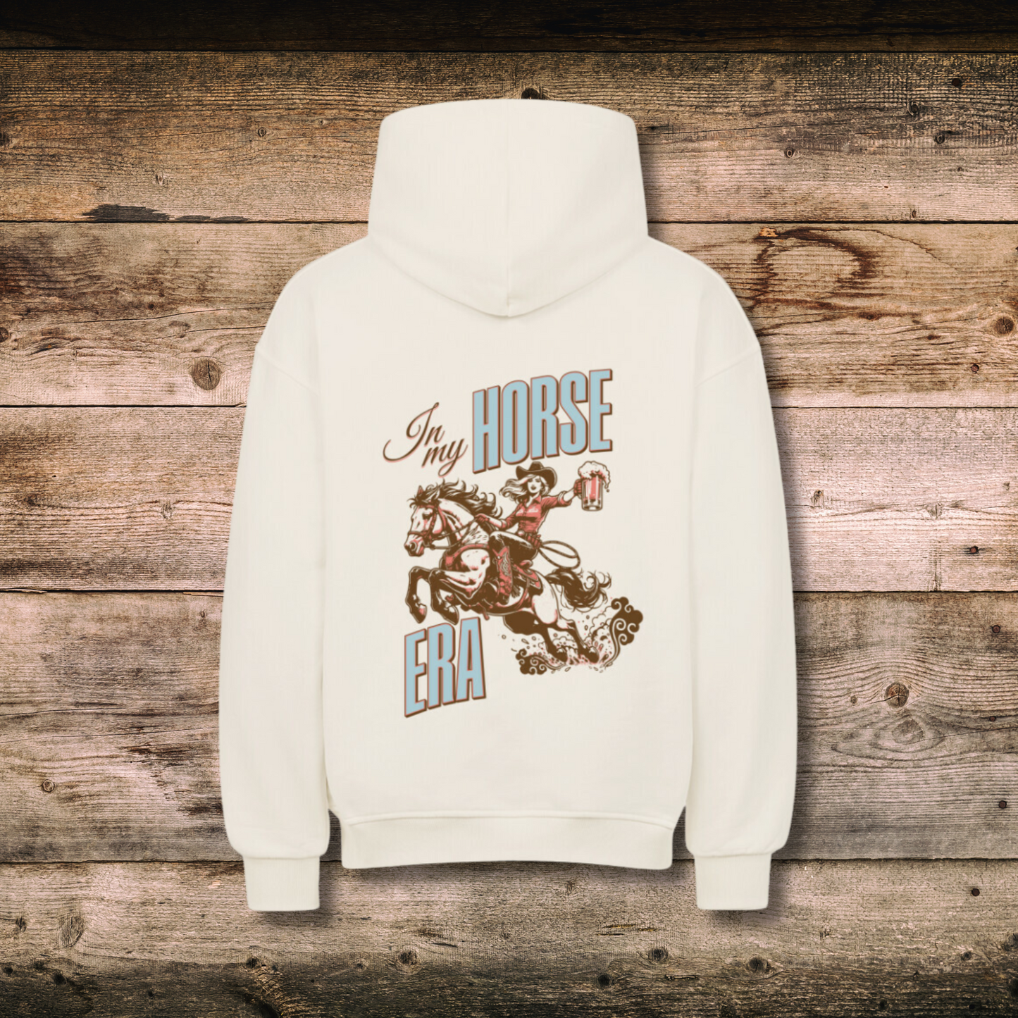 Oversized Damen-Hoodie HORSE ERA in Natural hinten auf Holz