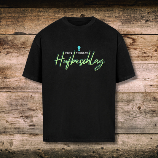 Oversized Herren-Shirt KERNBEREICH HUFBESCHLAGin Schwarz auf Holz