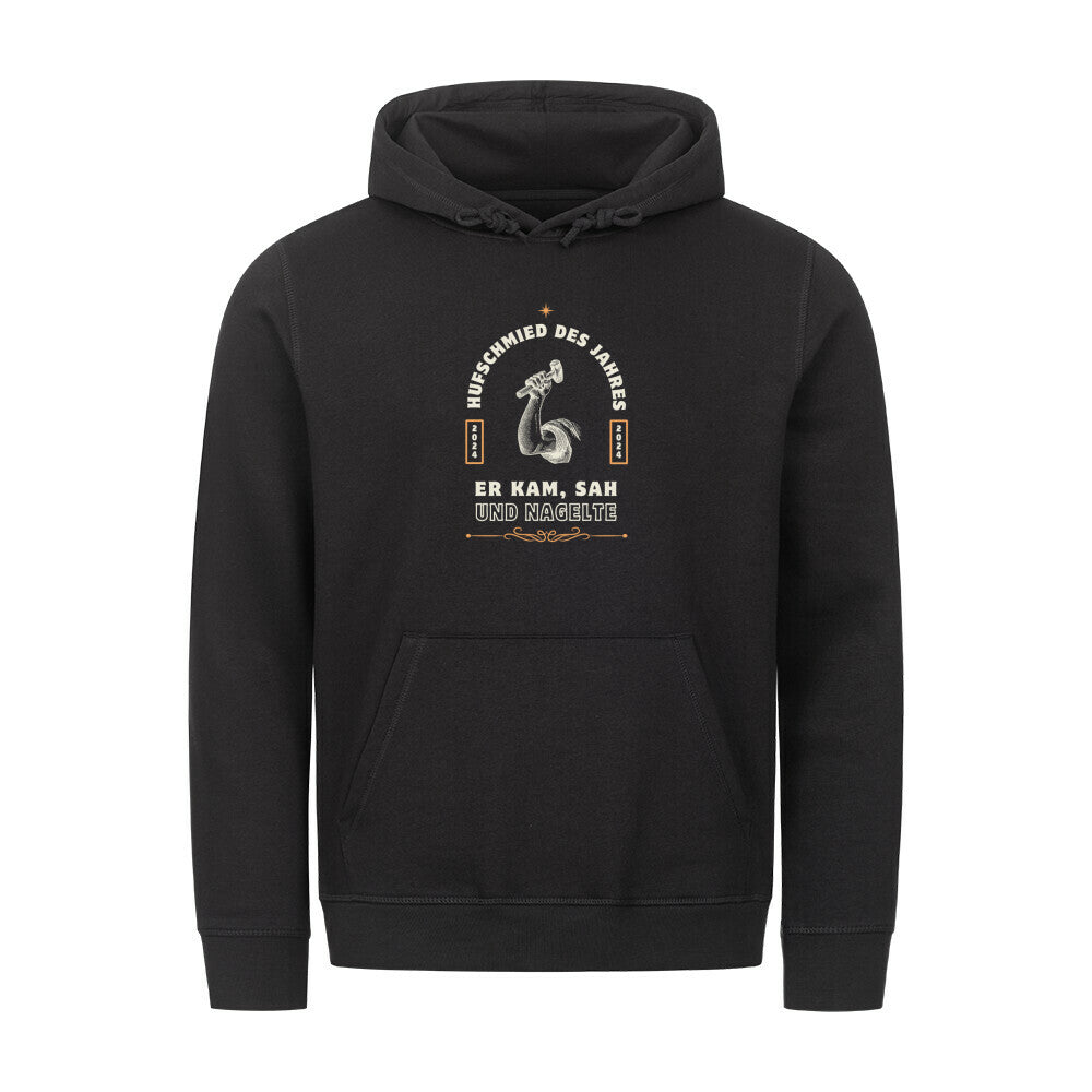 Organic Herren-Hoodie mit Spruch HUFSCHMIED DES JAHRES in Schwarz - vorne