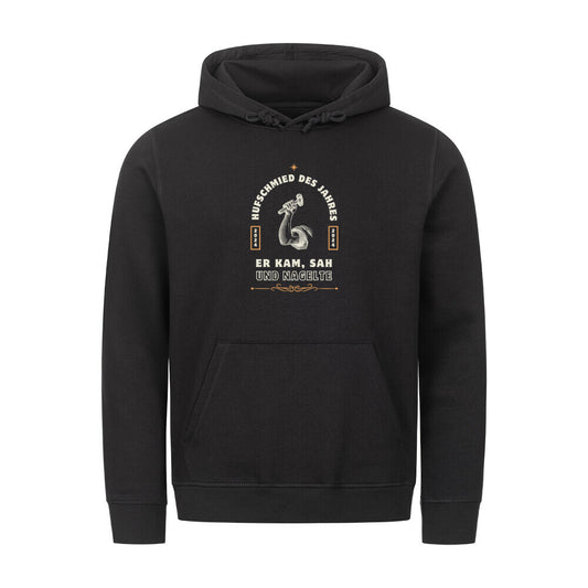 Organic Herren-Hoodie mit Spruch HUFSCHMIED DES JAHRES in Schwarz - vorne