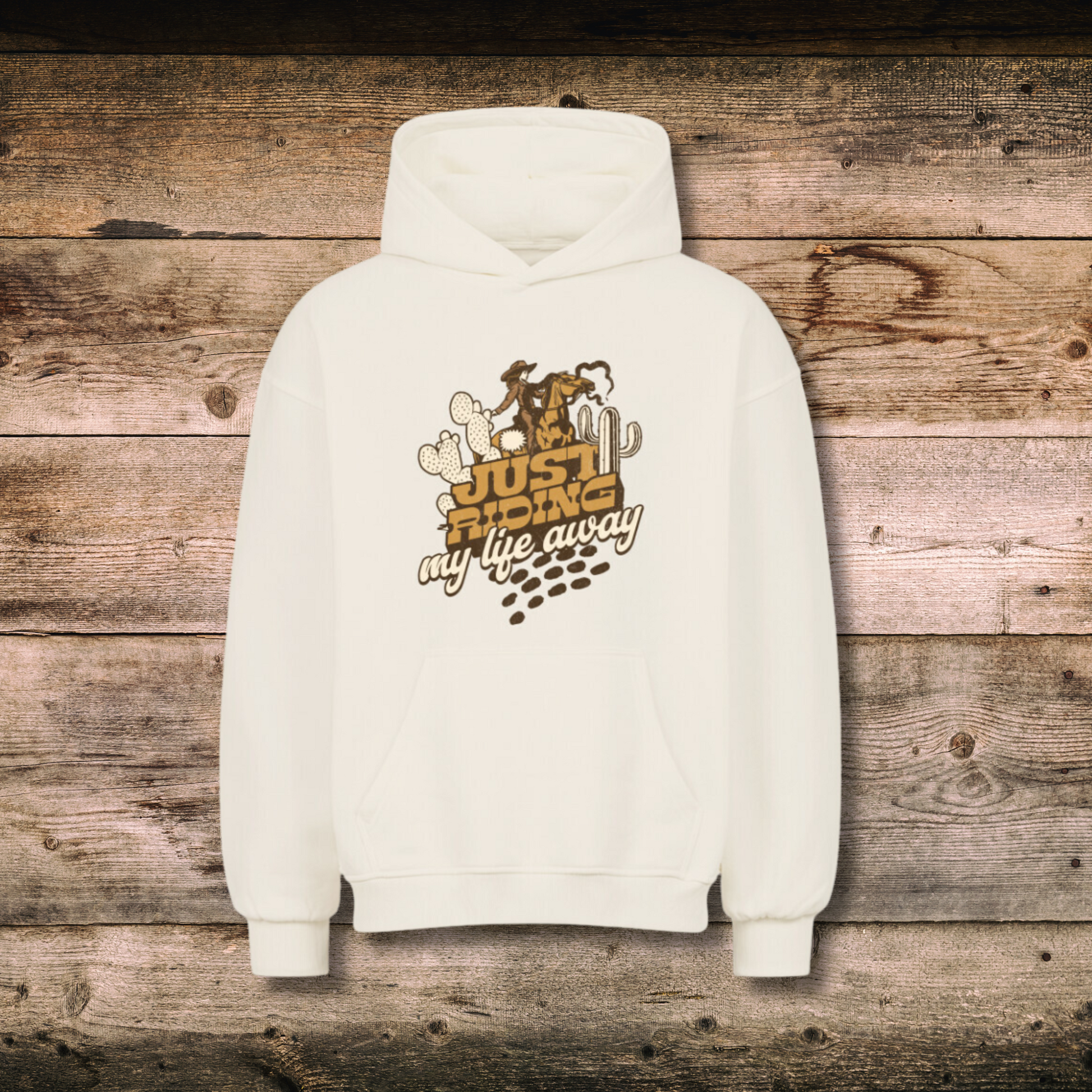 Oversized Damen-Hoodie JUST RIDING in Natural auf Holz
