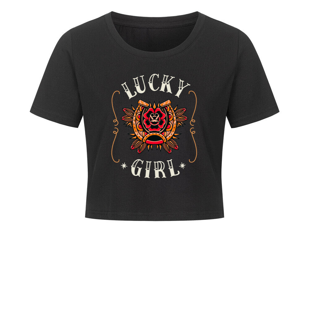 Cropped Shirt mit Spruch LUCKY GIRL in Schwarz - vorne