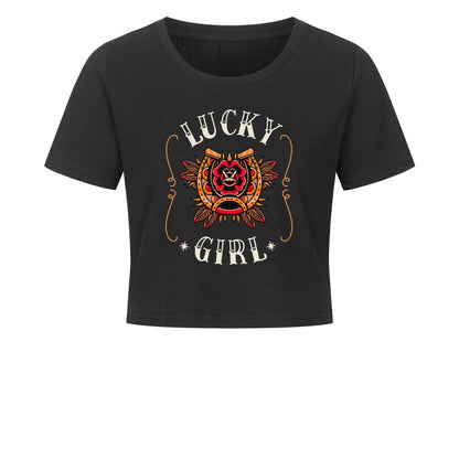 Cropped Shirt mit Spruch LUCKY GIRL in Schwarz - vorne