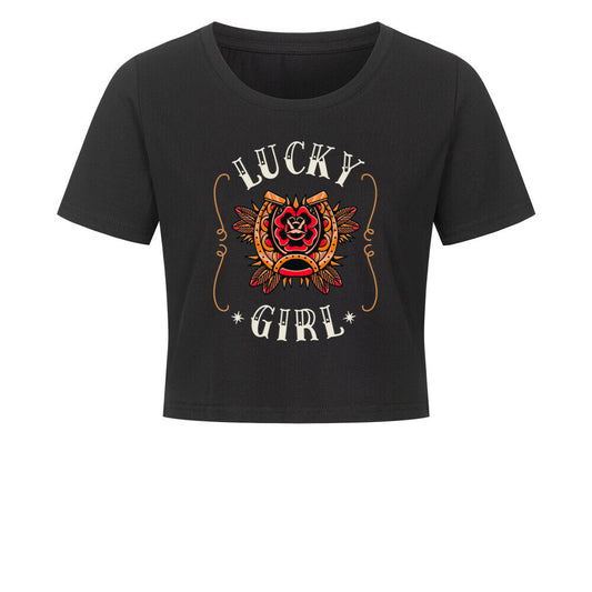 Cropped Shirt mit Spruch LUCKY GIRL in Schwarz - vorne