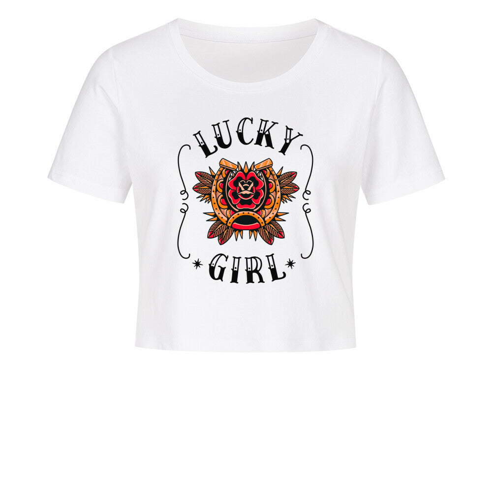 Cropped Shirt mit Spruch LUCKY GIRL in Weiss - vorne