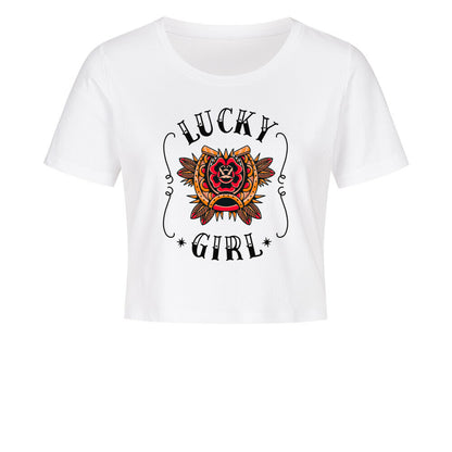 Cropped Shirt mit Spruch LUCKY GIRL in Weiss - vorne
