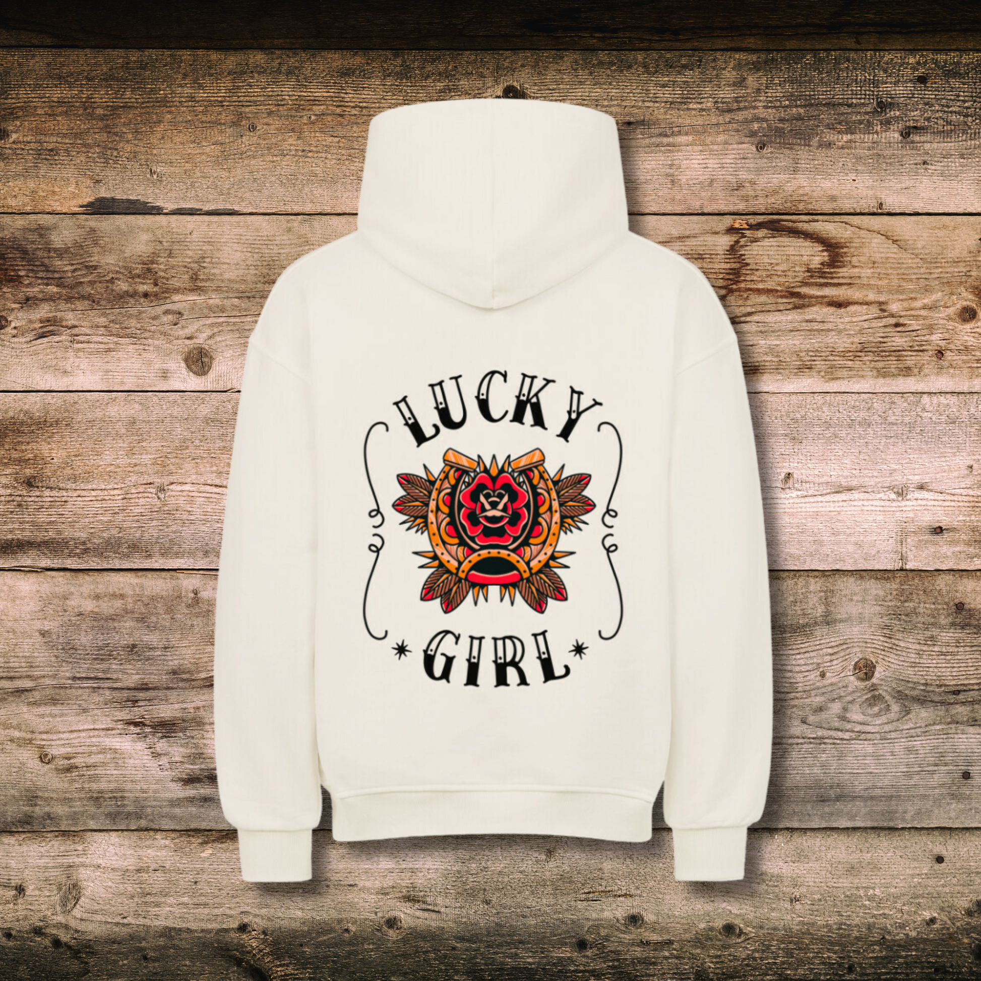 Oversized Damen-Hoodie LUCKY GIRL in Natural hinten auf Holz