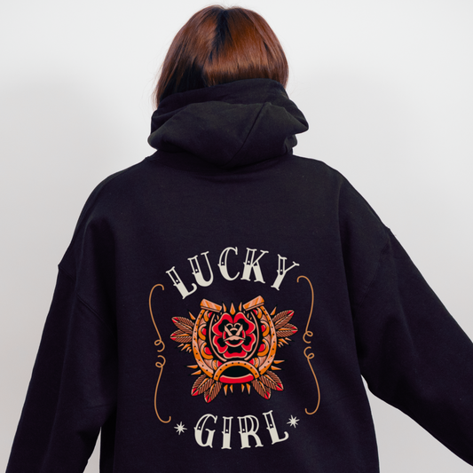 Mockup - Oversized Damen-Hoodie LUCKY GIRL in Schwarz