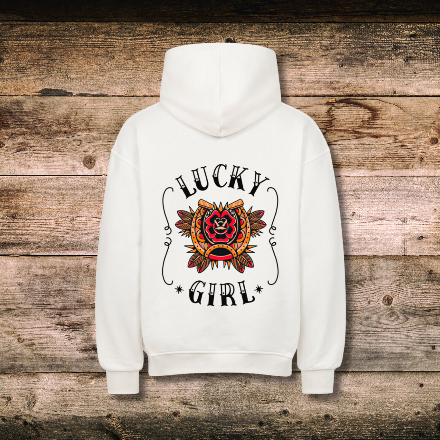 Oversized Damen-Hoodie LUCKY GIRL in Weiss hinten auf Holz