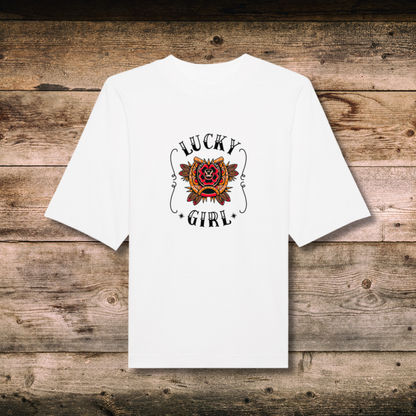 Oversized Damen-Shirt LUCKY GIRL in Weiss auf Holz