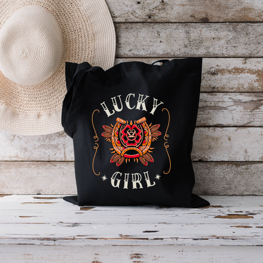 Jutebeutel LUCKY GIRL stehend in Schwarz