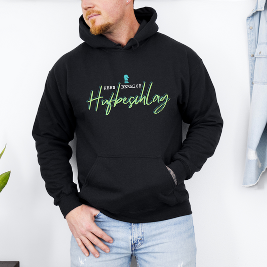 Mockup Organic Hoodie mit Spruch KERNBEREICH HUFBESCHLAG in Schwarz - vorne