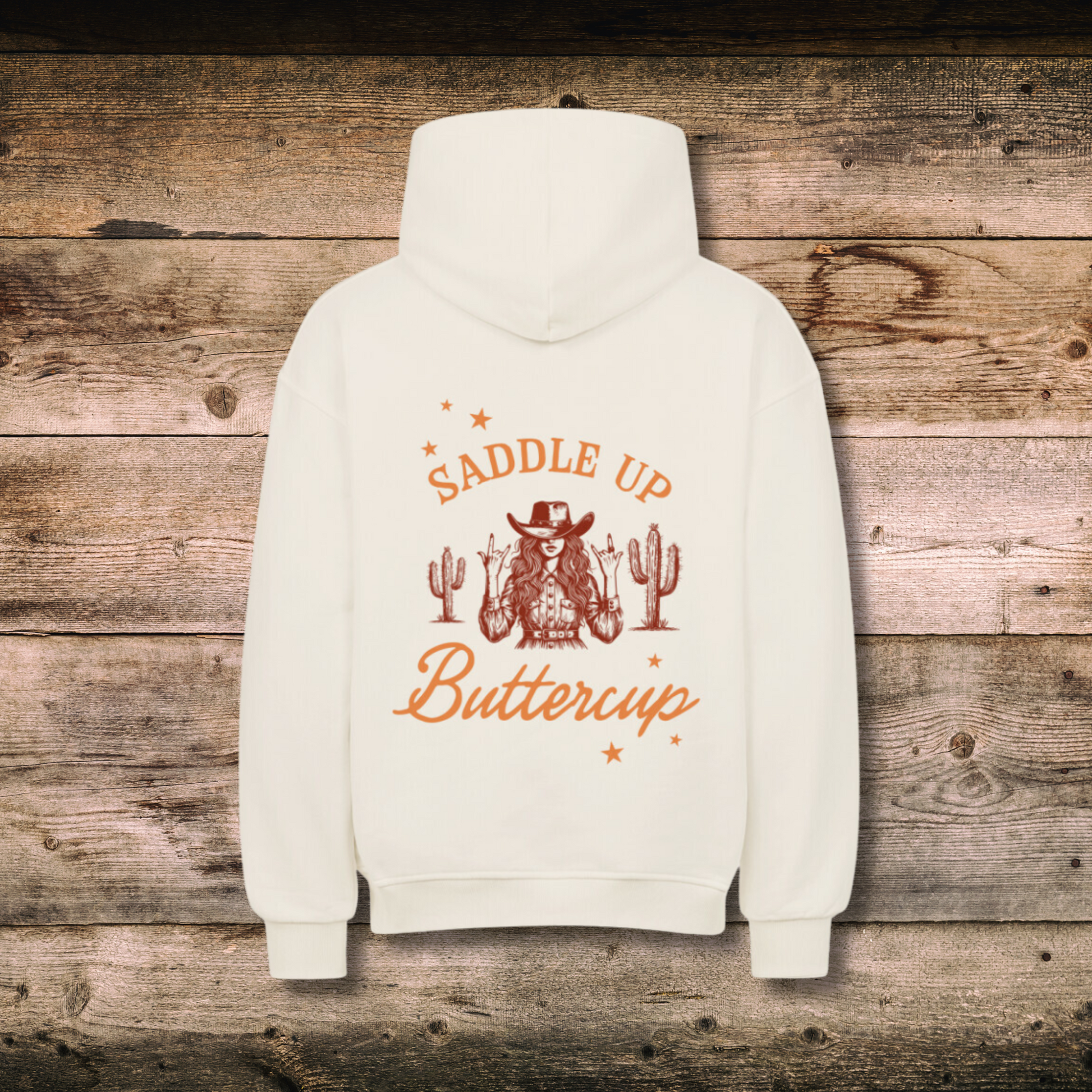 Oversized Damen-Hoodie SADDLE UP BUTTERCUP hinten auf Holz
