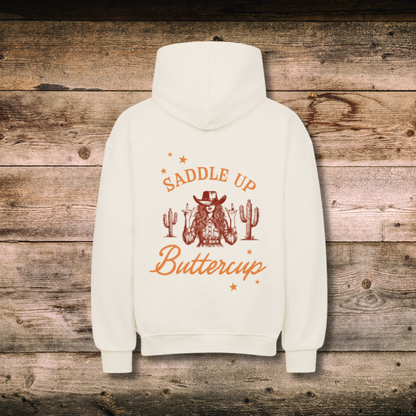 Oversized Damen-Hoodie SADDLE UP BUTTERCUP hinten auf Holz
