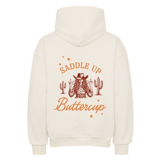 Oversized Damen-Hoodie mit Spuch SADDLE UP BUTTERCUP in Natural - hinten