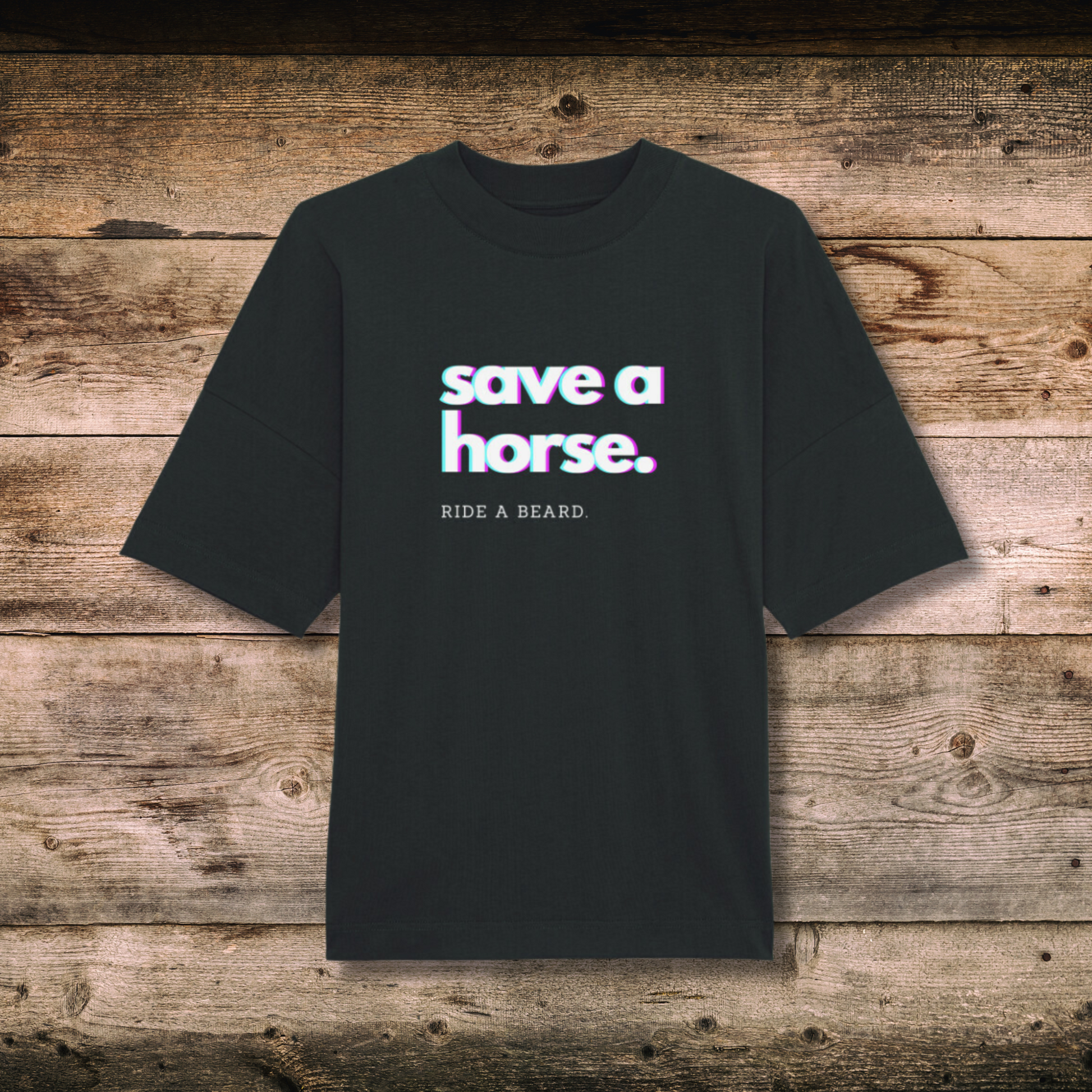 Oversized Damen-Shirt SAVE A HORSE in Schwarz auf Holz
