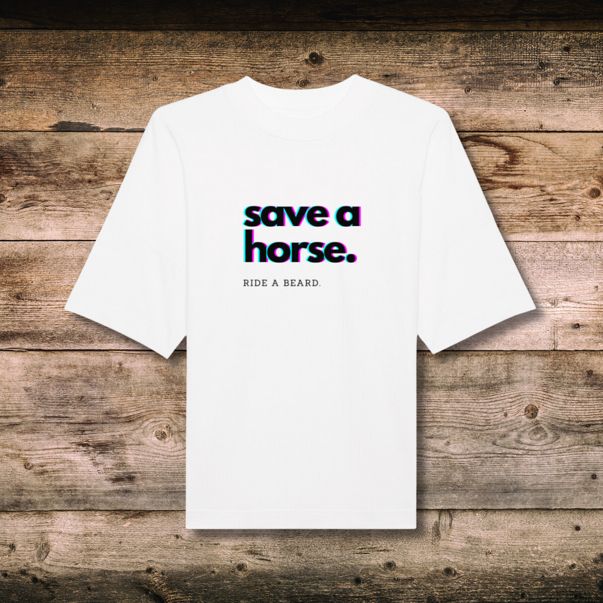 Oversized Damen-Shirt SAVE A HORSE in Weiss auf Holz