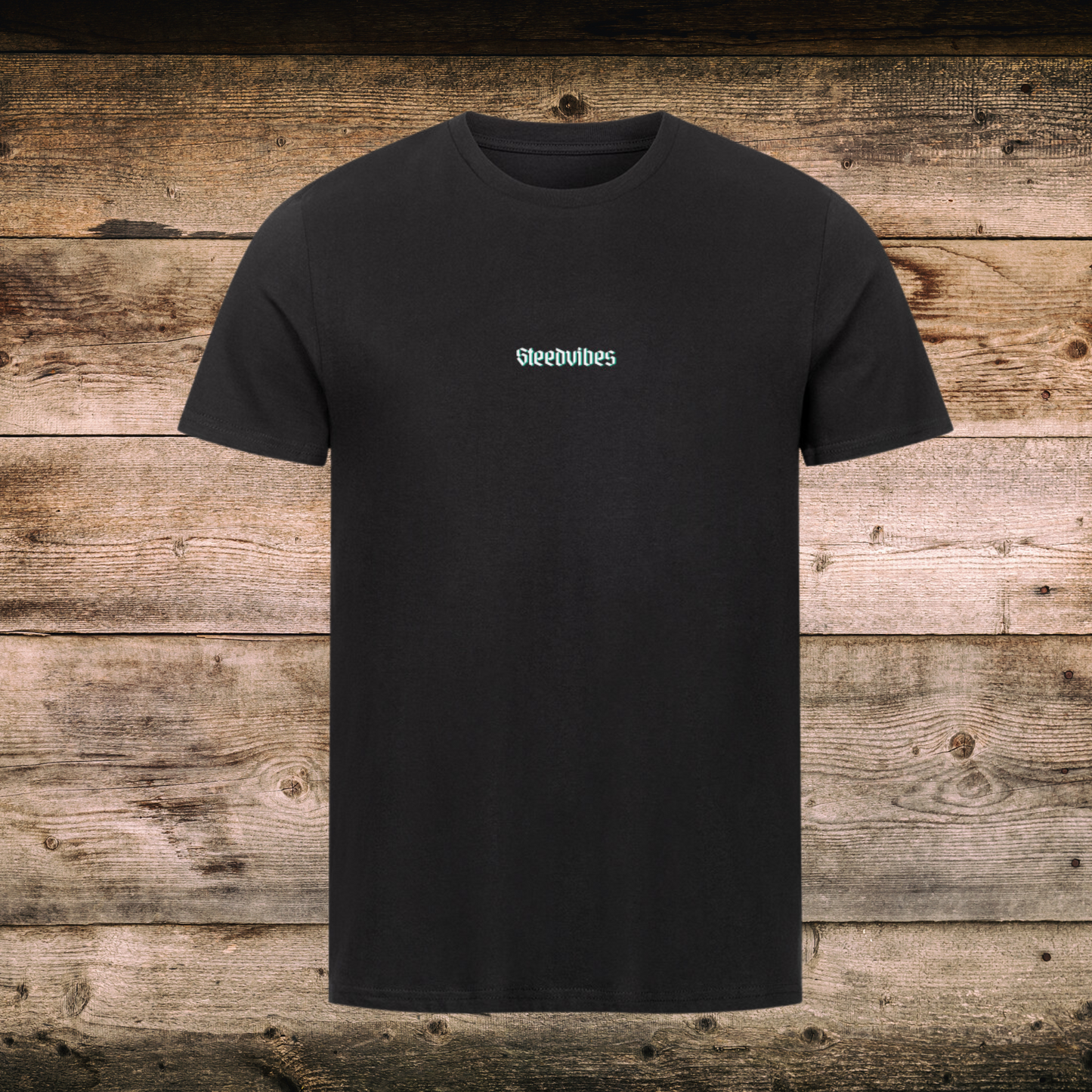 Fitted Herren-Shirt SKILLED LEGEND in Schwarz - vorne auf Holz