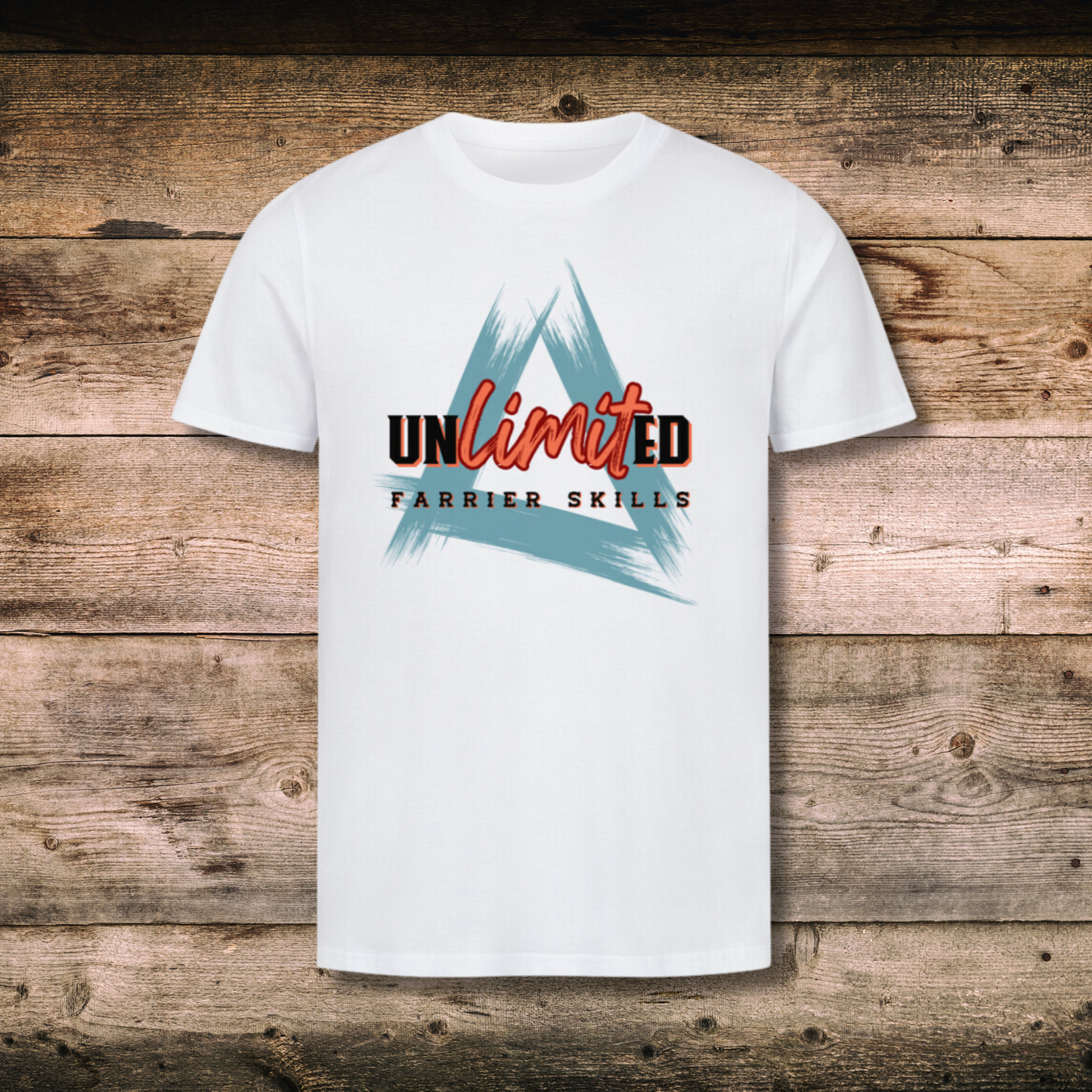 Fitted Herren-Bio-Shirt mit Spruch FARRIER SKILLS in Weiss auf Holz
