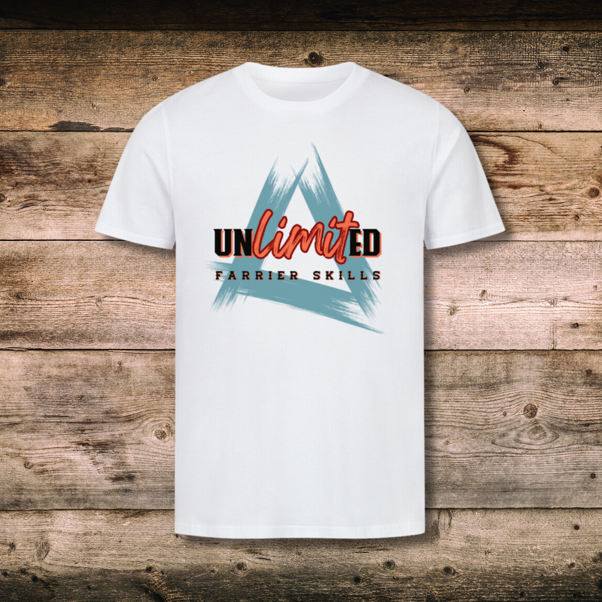 Fitted Herren-Bio-Shirt mit Spruch FARRIER SKILLS in Weiss auf Holz