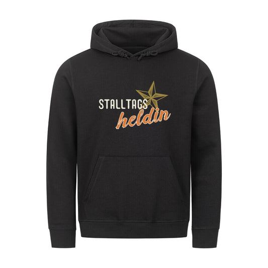 Organic Damen-Hoodie mit Spruch STALLTAGSHELDIN in Schwarz - vorne