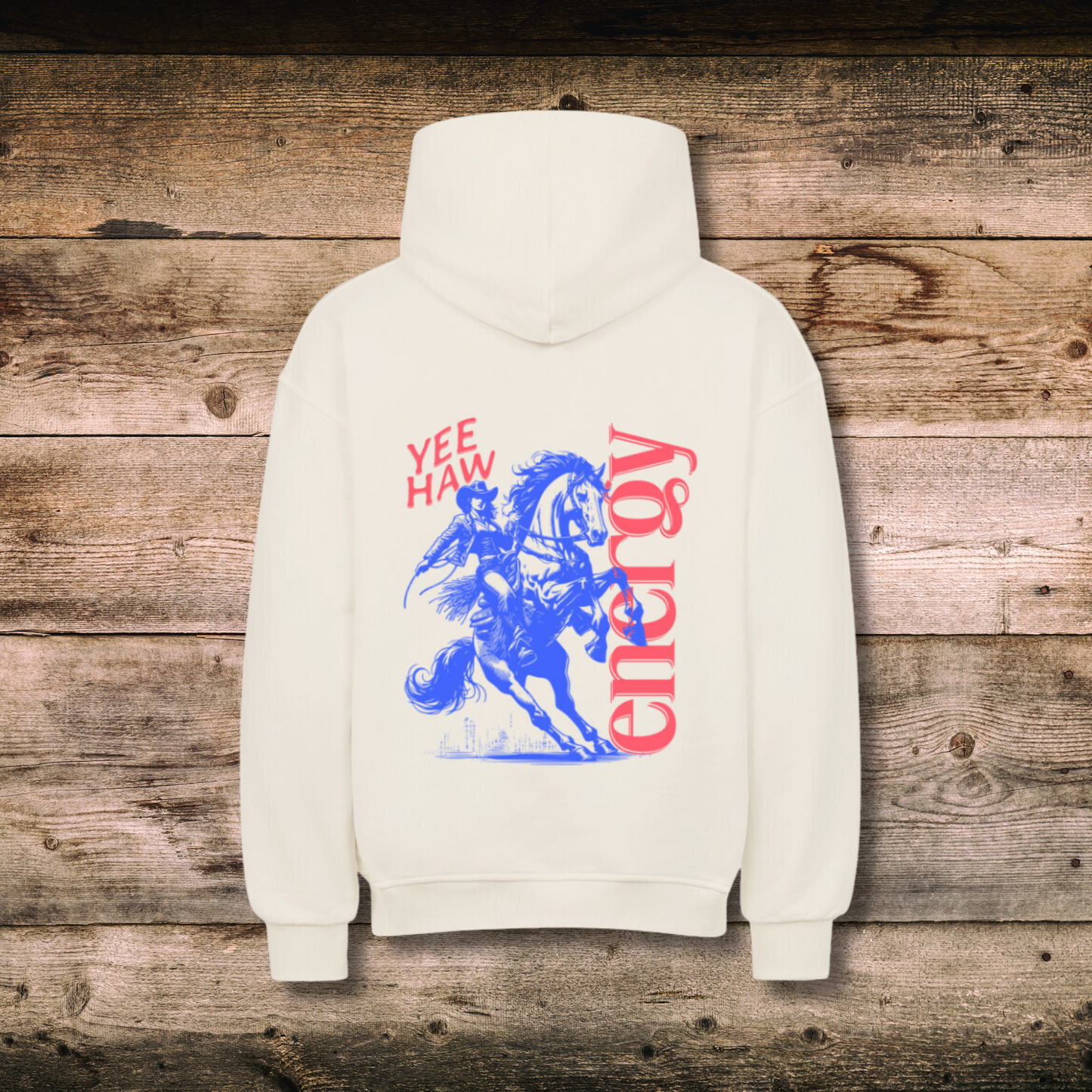 Oversized Damen-Hoodie YEE HAW in Natural hinten auf Holz